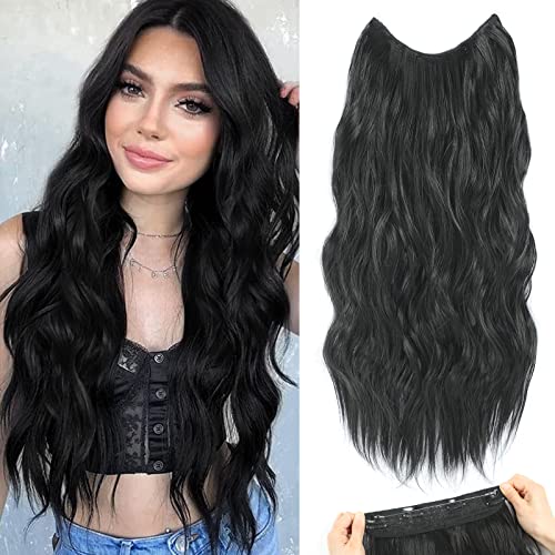 Fentisar Halo Hair Extensions 20Inch Invisible Wire Hair Extensions With Transparent Wire Adjustable Size 4 Secure Clips Long Wavy Secret Hairpiece For Women Daily Use - Black #TOP12