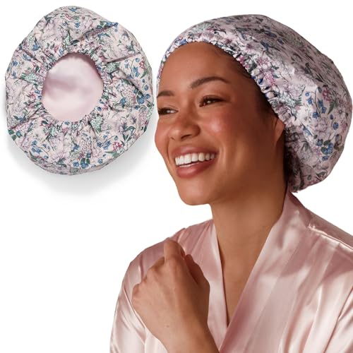 Image of Bridgerton x Kitsch Luxury Satin-Lined Flexi Shower Cap for Women, Wisteria | Shower Caps for Women Reusable Waterproof - Non-slip, Comfortable Quick-dry Hair Shower Cap for All Hair Types