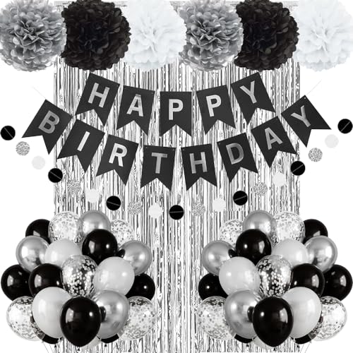 Geburtstagsdeko Schwarz Silber, Geburtstag Party Deko Schwarz Weiß Silber Luftballons, Happy Birthday Banner, Vorhänge, Pompons für Männer Frauen 18-60.Geburtstag Party Dekoration Geburtstagsdeko Schwarz Silber, Geburtstag Party Deko Schwarz Weiß Silber Luftballons, Happy Birthday Banner, Vorhänge, Pompons für Männer Frauen 18-60.Geburtstag Party Dekoration