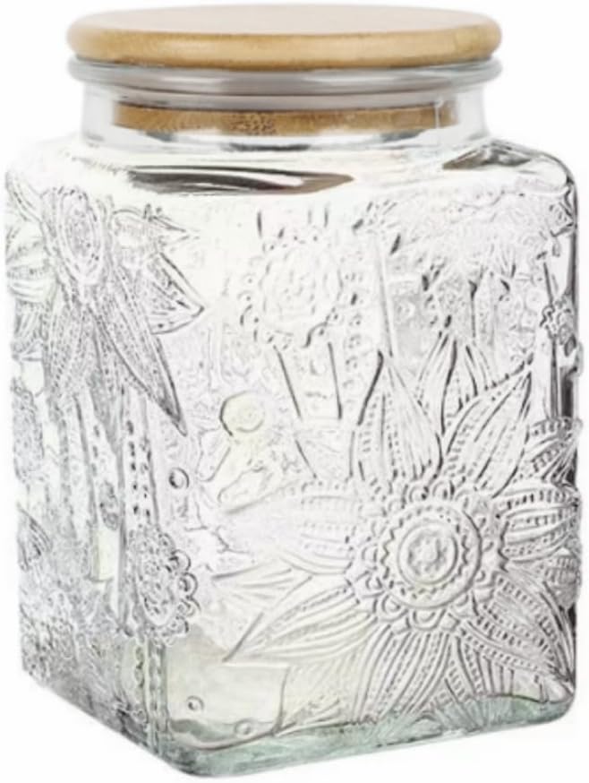 ANSQU Square Glass Jar, 25.3oz Vintage Glass Jar with Lid, Glass Food Storage Co…
