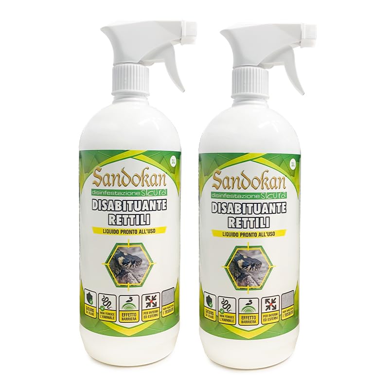 Sandokan, 2 Disabituanti Rettili Spray da 1 Litro, Repellente per Gechi, Lucertole e Serpenti, Dissuasore Olfattivo Naturale per Esterno e Interno, Sicuro per Animali, Non Macchia, Made in Italy