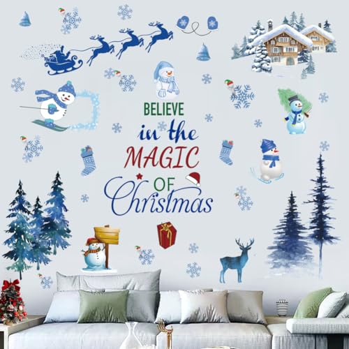 Santa Claus Christmas Tree Wall Sticker - Removable Vinyl DIY Wall Decor for Party Playroom Bedroom Classroom Living Room - Blue