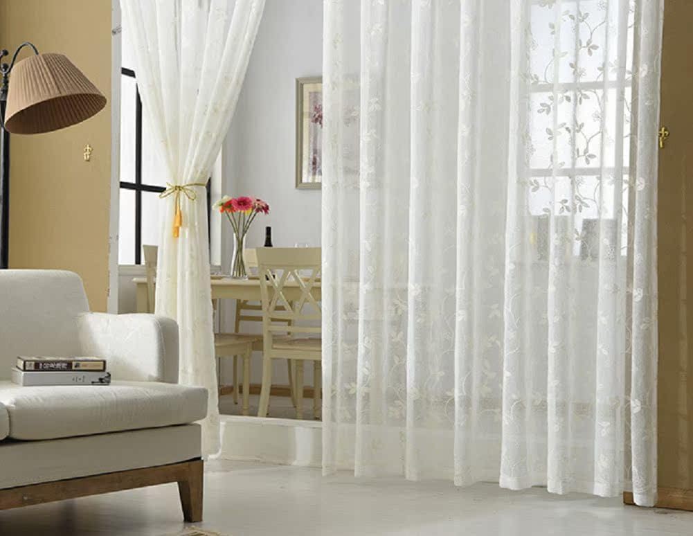 European Style Leafy Embroidery Voile Sheer Curtains Semi Shading Window Curtain Rod Pocket for Living Kids Nursery Room Bedroom Patio(1 Panel, W 50 x L 95 inch, White)