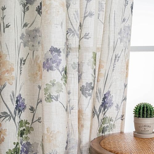 Image of MYSKY HOME Sage Green Floral Linen Spring Curtains 84 inch Long 2 Panels Set Semi Sheer Light Filtering Farmhouse Flower Pattern Grommet Top for Living Room Bedroom, 52 inch W Each Panel