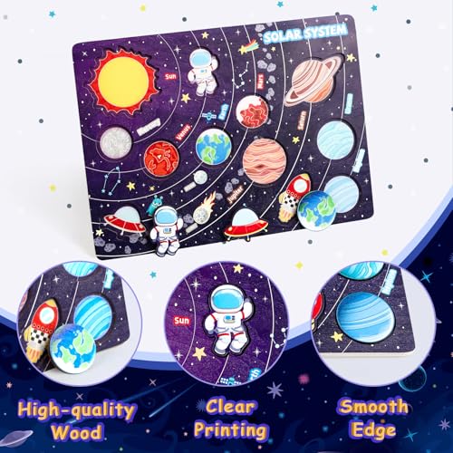 Wooden Solar System Puzzle for Kids, Toddler Toy Montessori Space Learning Board with Planets Prechool Educational STEM Toy for Boys & Girls Ages 3+ - Image 2