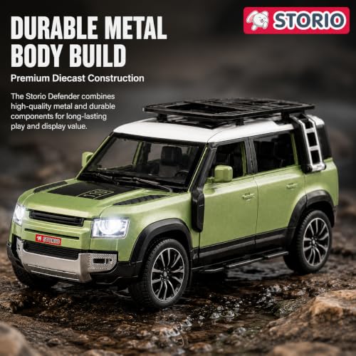 Image of Storio 1:32 Diecast Defender Toy Car, Metal Body SUV Model with Openable Doors Bonnet & Boot, Pull Back Action Vehicle Toy, Realistic Collectible Car for Kids Boys Girls