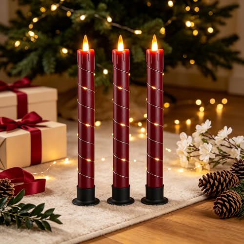 Image of Da by 3 Pack Red Dripping Wax Flameless Candles, Realistic Dynamic Flame LED Taper Candles with Surrounding Fairy String Lights, Remote Control Battery Operated Candles for Home Wedding Holiday Decor