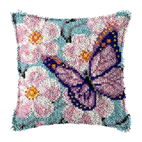 Ylkgogo Latch Hook Pillow Kits DIY Throw Pillow Cover Printed Canvas Needlework Crafts for Kids and Adults 17" X 17"(Butterfly) Cover