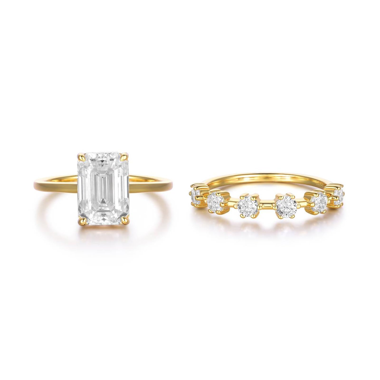 Set di fedi nuziali da donna in oro giallo 18 carati, in vero oro, con moissanite rettangolare, impilabile, anello a doppia fascia personalizzato