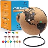 Black Cork Globe with Push Pins - 6β Globe with Map of the World and Rotating Stand for Children or Adults, 50 Colored Push Pins - For Home, Office, Classroom, Travel, Kids
