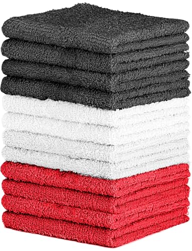Image of QUBA LINEN 100% Cotton Washcloth Set - Soft, Absorbent Face Towels for Bathroom & Gym Use - Durable & Reusable Wash Cloths - Dark Grey, White & Burgundy, 12x12 Inches, Pack of 12