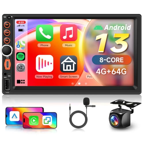 【8 núcleos 4+64GB】 2025 Hodozzy Autorradio Android 2 DIN con CarPlay Inalámbrico, USB,USB-C, Pantalla QLED de 7 Pulgadas, Bluetooth, Android Auto, DSP, Wi-Fi, RDS, FM, Cámara de Visión Trasera