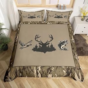 Homewish Juego de ropa de cama individual de caza y pesca, funda de edredón de camuflaje verde militar, pato salvaje, lubina, ciervo, camuflaje animal