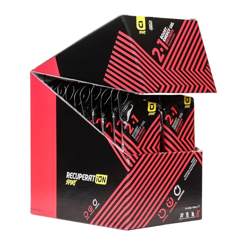 Gel Energético con Magnesio + Glucosa + Electrolitos y Zinc para Deportistas Ciclismo Running y Calambres Musculares - Sabor Frutos Rojos Sin Gluten Ni Lactosa - Pack 24 - Apto Veganos | RECUPERATION