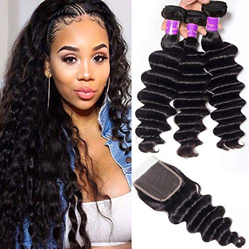 Ugrace Hair Loose Curly Hair Bundles with Closure Brazilian Virgin Hair Loose Deep Wave with Closure with Baby Hair Soft and Bouncy Natural Wave Human Hair with Closure 10/12/14+10 Inch Free Part