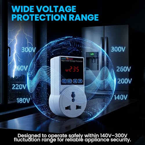 Image of amiciSmart Socket Voltage Protector 140-300V AC Adjustable 10A Load Capacity with 6A Plug Top | Over & Under Voltage Protection with Adjustable Settings, Delay Timer & Wide Compatibility