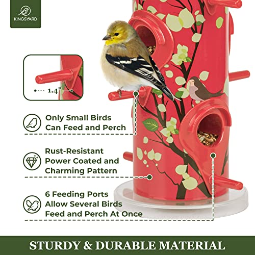 Kingsyard 6-Ports Bird Feeders For Outside, Hanging Metal Tube Bird Feeder, 14 Inch, Durable & Weatherproof, Large Capacity For Attracting Wild Birds (Red) #TOP2