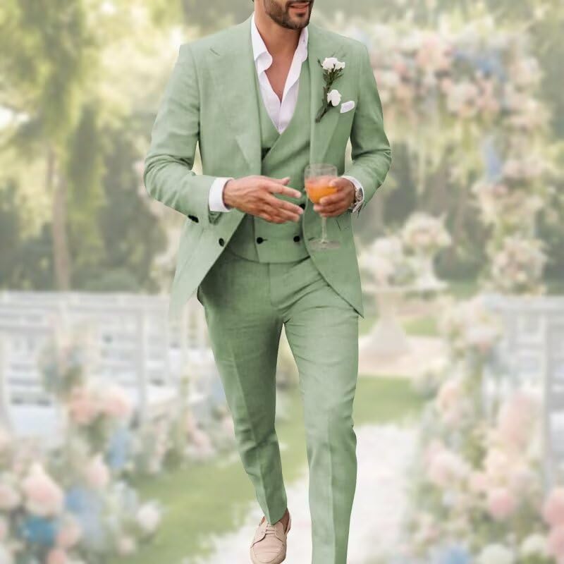 Men's Linen Double Breasted Suits Slim Fit 3 Piece Suits for Men Beach Wedding Tuxedo for Groom Prom Suit Set4