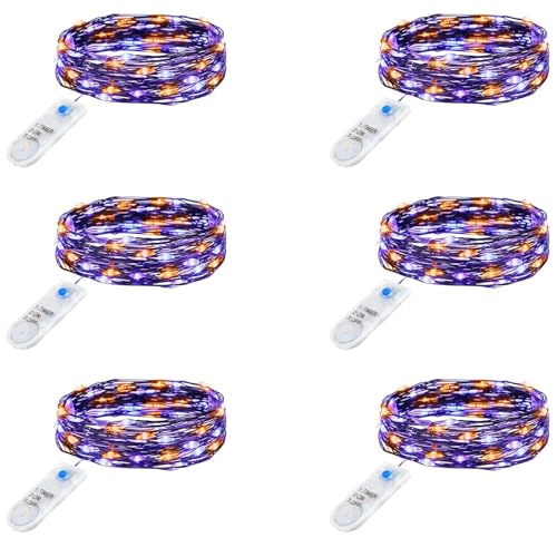 Minetom 6 Pack Purple Orange Fairy Lights Battery Operated with Timer - 7ft 20 LED Waterproof Short Micro Firefly Lights for Halloween Decor, Pumpkin DIY Craft, Paper Lantern Decoration