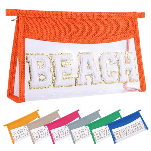 Ahdoma SPF Sunscreen Bag Clear Makeup Bag Chenille Letter SPF Cosmetic Zipper Pouch Summer Beach Essential Cute Toiletry Pouch Travel Accessories