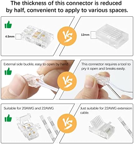 VIPMOON 12 Pcs 2Pin LED Light Strip Connectors, 8mm Wide Unwired Solderless Quick Strip to Wire Connection for 3528 2835 Single Color LED Light Strip