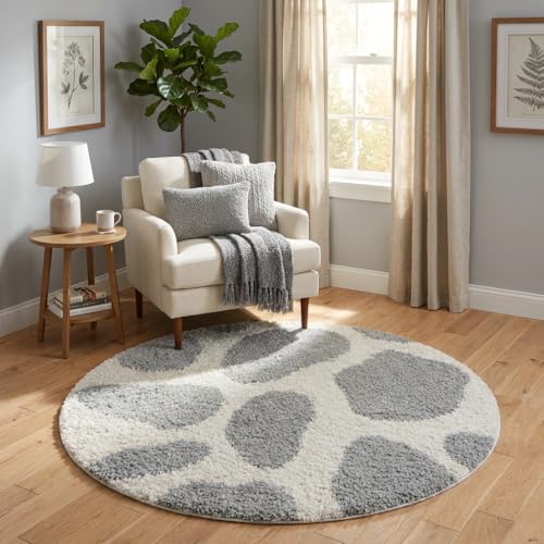 Image of Shaggy Polyester Microfiber Round Rug Carpet for Living Room | Ultra Soft Fluffy Plush Area Rug | Anti-Skid Non-Slip Backing | Washable Carpet for Bedroom- (4x4 feet, A1, Round)