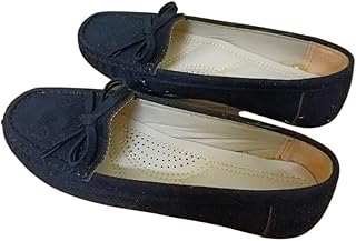 Al Baraem womens Suede flat rubber sole shoes with handmade saddle stitching, laser patterned upper with a thin bowtie Ballet Flat