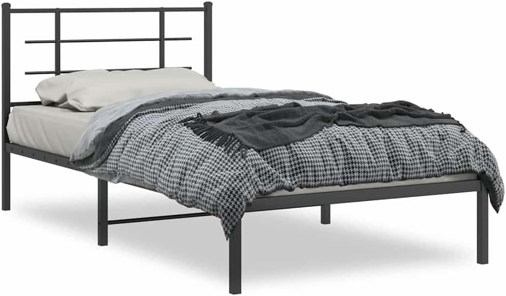 Bed Frame Black Powder-Coated Steel Twin Size Platform Bed Frame with Headboard and Storage Space Modern Minimalist Sturdy Durable Furniture for Bedroom Mattress Support
