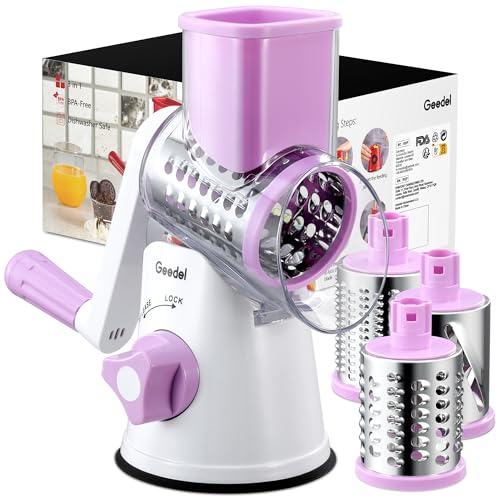 Image of Geedel Rotary Cheese Grater, Kitchen Mandoline Vegetable Slicer with 3 Interchangeable Blades, Easy to Clean Rotary Grater Slicer for Cheese, Vegetables, Nuts
