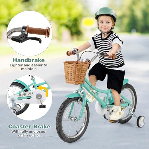 Image of BABY JOY Retro Kids Bike, 12 14 16 18 Inch Child Bike for 3-8 Years Old w /Rattan Basket, Adjustable Height, Training Wheels, Fenders, Handbrake Coaster Brake, 95% Pre-Assembled Kids Bicycle for Girls