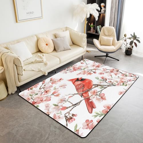 Homewish Alfombra de área cardenal de 150 x 200 cm, alfombra de flores de cerezo, pájaro rojo, alfombra para interiores, alfombra decorativa lavable para niños, adolescentes y adultos