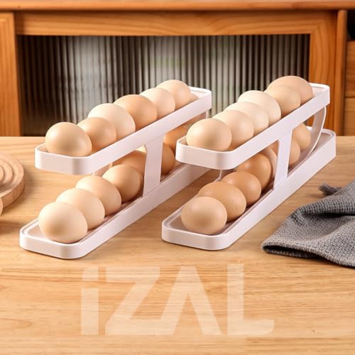 Kit C/2 Bandejas Organizadores de Ovos Suporte Dispensador de Geladeira Rolagem Automática Armazena