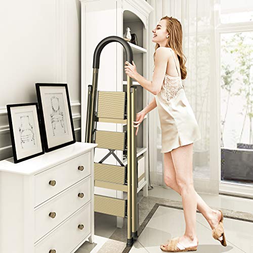 Lightweight Aluminum 4 Step Ladder Folding Step Stool Stepladders with Anti-Slip and Wide Pedal Sturdy for Home and Kitchen Use Space Saving - Gold