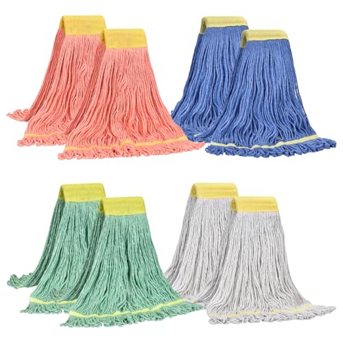 Image of Matthew Cleaning Heavy Duty Mop Head Replacement, 5 Inch Wide Headband, Color Coded Looped End Cotton String Wet Mops for Floor Cleaning, Large Size 24 oz, 8 Pack