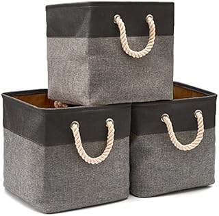 EZOWare Set of 3 Folding Storage Cube Bins, Collapsible Fabric Tweed Basket Container with Cotton Handles for Shelf, Nursery, Hamper (33 x 33 x 33 cm) - Black/Gray