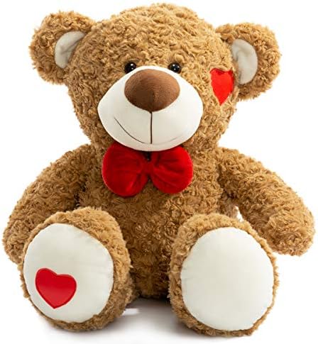 BEJOY Teddy Bear Stuffed Animal Plush Bear with Red Bow and Hearts Valentine’s Day Gift, Brown