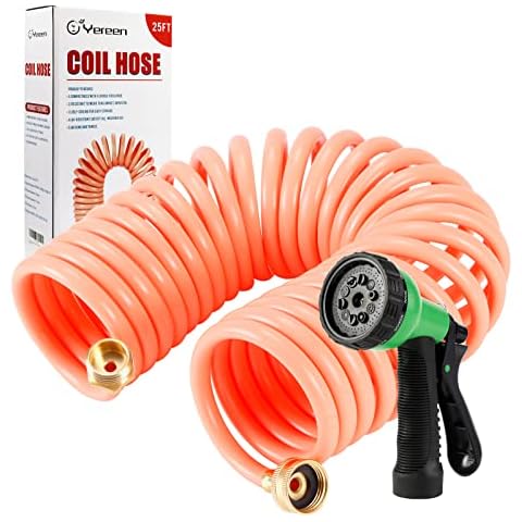 Yereen Coil Garden Hose 25FT, EVA Recoil Garden Hose, Self-coiling Water Hose with 3/4" Connector Fittings with 8 Function Spray Nozzle, Creamy Orange Cover