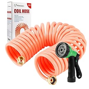 Coil Garden Hose 25FT, EVA Recoil Garden Hose, Self-coiling Water Hose with 3/4″ Connector Fittings with 8 Function Spray Nozzle, Creamy Orange