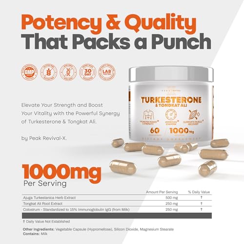 Image of Peak Revival-X Turkesterone & Tongkat Ali 1000mg Supplement - 500mg Ajuga Turkestanica Per Serving Increase Stamina, Lean Muscle Growth & Recovery - Made in The USA (60 Capsules)
