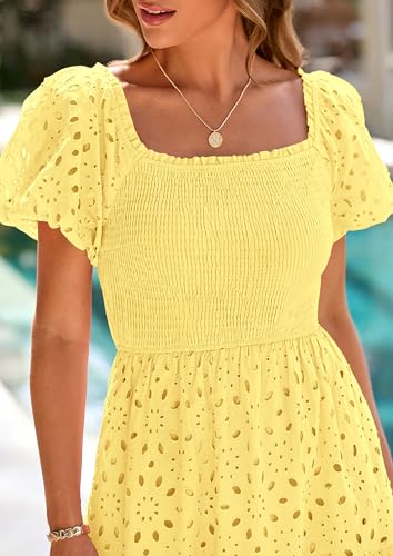 Image of PRETTYGARDEN Summer Dresses for Women 2026 Eyelet Square Neck Puff Sleeve Smocked Wedding Guest Maxi Dress with Pockets