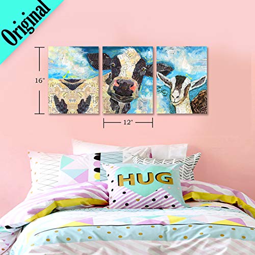 Decor Mi Modern Blue Cow Painting On Canvas Cute Cow Wall Art Stretched Wooden-Framed Cow Pictures Wall Decor Ready To Hang Cow Wall Artwork For Living Room Bedroom Bathroom Kitchen 12''X16'' 3 Piece #TOP5