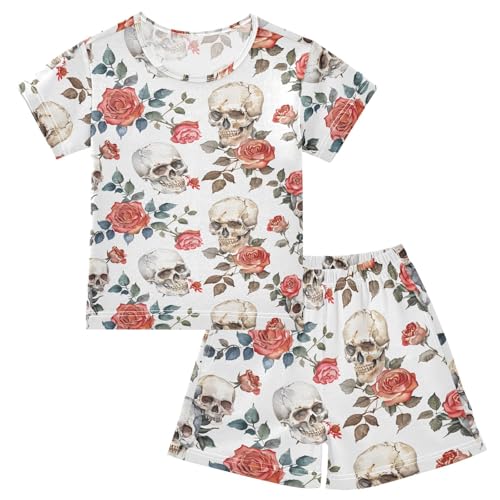 ALAZA Sugar Skull Rose Blossom Leaf Pajamas Short Sleeve 2 Piece Sleepwear Top and Bottom Pajama Set Unisex
