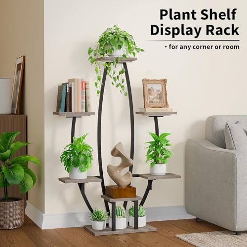 Image of Plant Stand Indoor with Grow Lights - 7 Tiered Corner Plant Shelf Indoor, 47 inch Tall Plant Stands for Indoor Plants Multiple, Metal Plant Rack Flower Holder for Living Room, Home Decor, Oak Grey