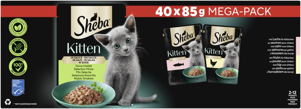 2x40x85g Sheba Katzenfutter Nassfutter Kitten Feine Vielfalt in Sauce Portionsbeutel Lachs Huhn Alleinfuttermittel für heranwachsende Katzen - Tiernahrung