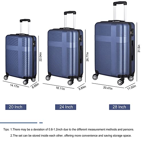 3 Piece Luggage with TSA Lock ABS, Durable Luggage Set, Lightweight Suitcase with Hooks, Spinner Wheels Cross Stripe Luggage Sets 20in/24in/28in Shipping from US warehouse (dark blue)3