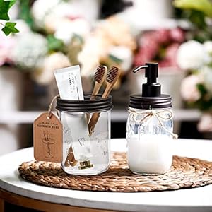 Amolliar Mason Jar Toothbrush Holder- Rustproof Stainless Steel - Holds 2 Toothbrushes and Toothpaste,with Chalkboard Labels - Farmhouse Décor Bathroom Countertop and Vanity Storage Organizer,Bronze Amolliar Mason Jar Toothbrush Holder Rustproof Stainless Steel Holds 2 Toothbrushes and Toothpastewith Chalkboard Labels Farmhouse Decor Bathroom Countertop and Vanity Storage OrganizerBronze