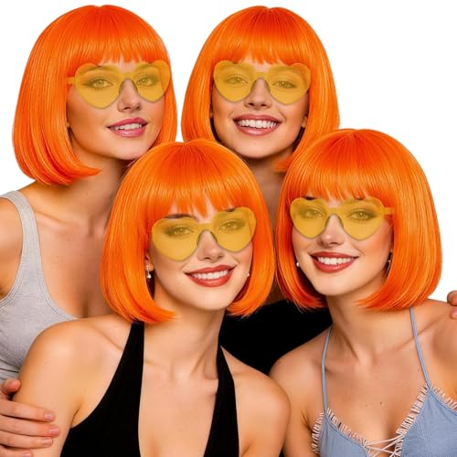 rookea 4 Pack Orange Bob Wig and Heart Sunglasses for Women Men Colorful Bob Wigs Fancy Dress Hair with Hair Cap for Halloween Costume Bachelorette Neon Party Favors Music Festival Photography