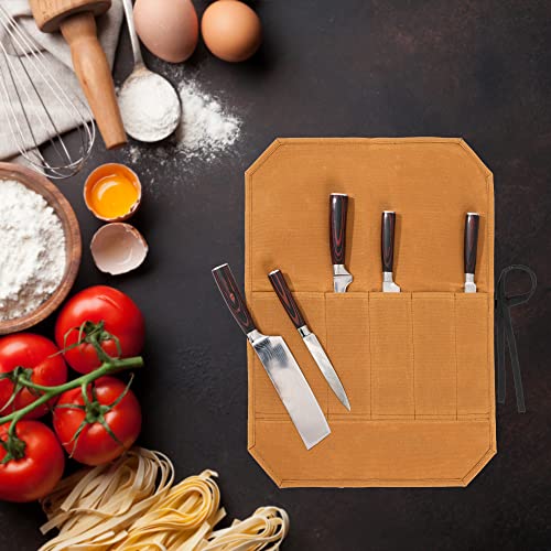 Knife Roll Bags, 16Oz Waxed Canvas Knife Holder (5 Slots & Specialized Anti Cutting Fabric), Multi-Purpose Knife Pouch With Tie Rope, Khaki #TOP6