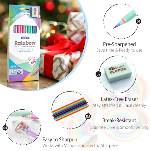 ECOTREE Pre-Sharpened Rainbow Pencils #2 HB, Stocking Stuffers, 12 Count
