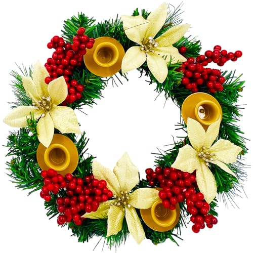 JUST FOR PARTY 14” Christmas Advent Wreaths, Red Berry and Golden Poinsettia, 4 Advent Candle Holder Wreath for Winter Holidays Home Decor